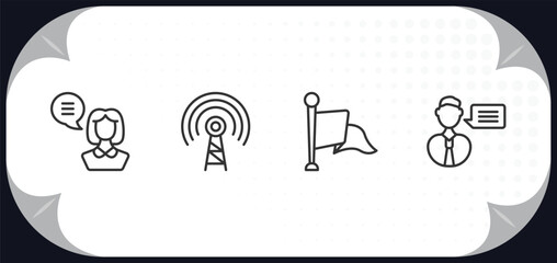 Poster - outline icons set - communications concept. woman file, broadcasting, flag waving, talk.