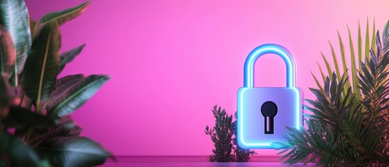 Poster - neon light lock surrounded by lush green plant against a soft pink gradient background for a unique 