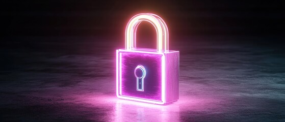 Poster - Striking neon light lock set against a soft pink gradient background for a modern and minimalist aesthetic appeal