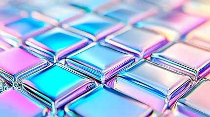 Poster - Metallic geometric squares with holographic iridescent effect in pink and blue colors creating modern abstract background pattern with glossy surface texture.