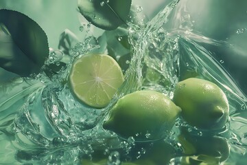 Poster - Fresh limes splashing in crystal clear water with dynamic water drops and motion, creating refreshing composition on mint green background.
