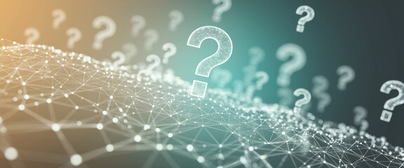 Aufkleber - Abstract background with glowing large question marks on a network mesh, symbolizing curiosity, uncertainty, and information seeking, suitable for technological or conceptual designs