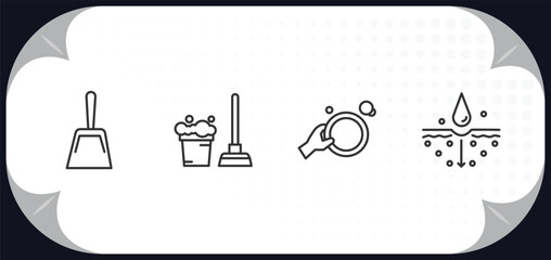 Poster - outline icons set - cleaning concept. dustpan, floor mop, washing dishes, emulsion.