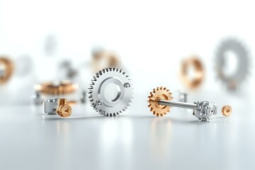 Poster - Metallic gears and mechanical parts in silver and copper colors arranged on white background, shallow depth of field creating artistic industrial composition.
