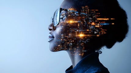 Poster - African American woman profile with city lights and architecture double exposure effect creating futuristic cyberpunk portrait against blue background.