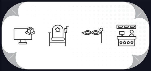 Poster - outline icons set - cinema concept. 3d television, cinema chair, small carnival mask, cinema snack bar.