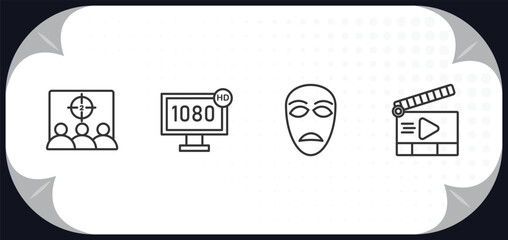 Poster - outline icons set - cinema concept. cinema audience, 1080p hd tv, sad mask, movie clapper open.