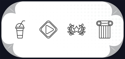 Poster - outline icons set - cinema concept. smoothie with straw, big play button, movie award, theatre pillar.