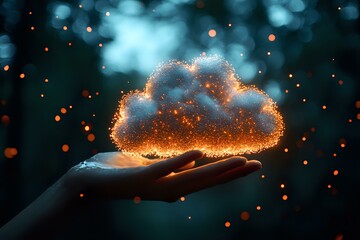 Poster - Magical glowing cloud floating above open palm with sparkles and bokeh lights against dark background, creating mystical atmosphere for fantasy designs.