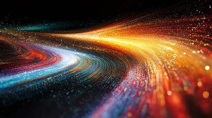 Poster - Vibrant light trails curve through dark space creating dynamic motion effect with orange, blue and red glowing particles and bokeh elements in cosmic background.