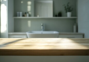 Poster - Bright and Modern Bathroom Interior with Wooden Countertop and Minimalistic Decor in Soft Natural Light