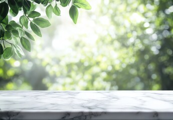 Poster - Bright and Natural Background with Green Leaves and Marble Surface for Product Display, Photography, or Design Projects in a Fresh Environment