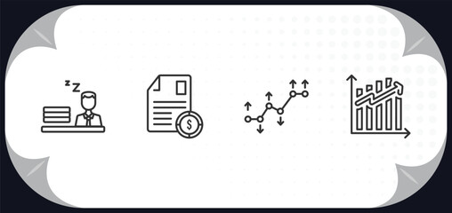 Poster - outline icons set - business concept. sleepy worker at work, stock dealing, value pointer, ascendant graph.