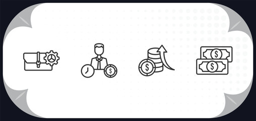 Poster - outline icons set - business concept. briefcase tings, worker money time, money investment, american dollar bill.