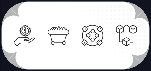 Poster - outline icons set - business concept. hand with money gear, mining cart, item interconnections, connection box chart.