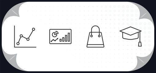 Poster - outline icons set - business concept. graphic chart, progress report, shopping bags, graduation ceremony.