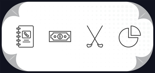 Poster - outline icons set - business concept. address book, dollar bills, golf sticks, pie graphic.