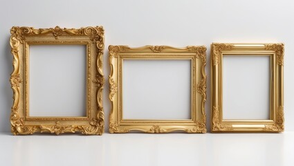 Poster - Gold picture frame standing alone against a white backdrop.