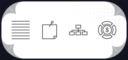 Poster - outline icons set - business concept. lines, post it, hierarchy structure, pie chart with dollar.