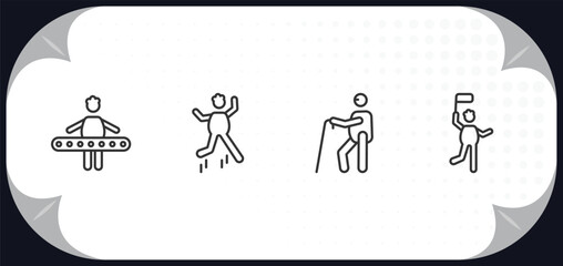 Poster - outline icons set - behavior concept. engineer working, stick man jumping, blindman with cane, man with flag.