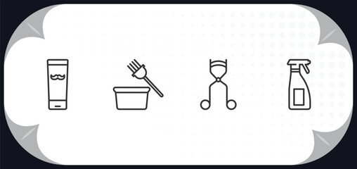 Poster - outline icons set - beauty concept. moustache product, tint bowl, eyelashes curler, aplicator bottle.