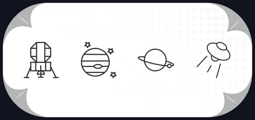 Poster - outline icons set - astronomy concept. lander, venus with satellite, planet, ufo flying.