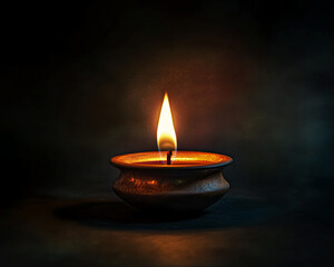 Poster - Small bronze bowl holds burning candle, flame casting warm glow against dark background, symbolizing hope, peace, or remembrance
