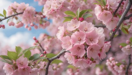 Fototapete - Close-up shot of cherry blossoms featuring blooming pink petals and visible stamens at various stages of bloom, against a softly blurred light sky background.
