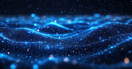 Fototapete - Captivating Blue Abstract Waves of Light and Glittering Particles in a Deep Space Atmosphere with a Mystical and Dreamy Feel