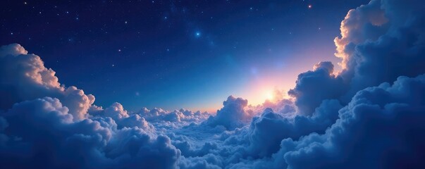 Wall Mural - vast expanse of swirling clouds and twinkling stars in a dark blue sky, space, cosmos