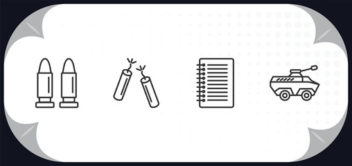 Poster - outline icons set - army concept. bullets, dinamite, notebook, amphibian.