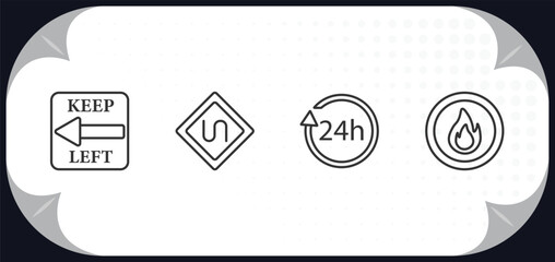 Poster - outline icons set - alert concept. keep left, bend, 24h, fire button.