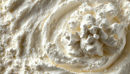 Poster - Creamy white whipped cream swirl with soft peaks and powdery texture, macro photography showing rich dairy dessert topping detail and airy consistency.