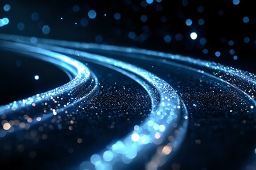 Poster - Glowing curved lines with sparkling particles create dynamic motion effect against dark background, blue light trails and bokeh for technology designs.