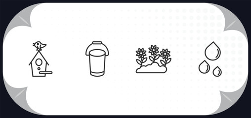 Poster - outline icons set - farming concept. birdhouse, pail, garden, water drops.