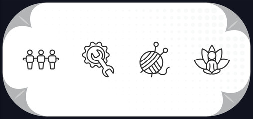 Poster - outline icons set - activity and hobbies concept. foosball, repairing, yarn ball, meditating.