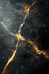Poster - Dark marble texture with glowing golden cracks and veins creating an elegant abstract pattern against black background. Luxury design element for interiors.