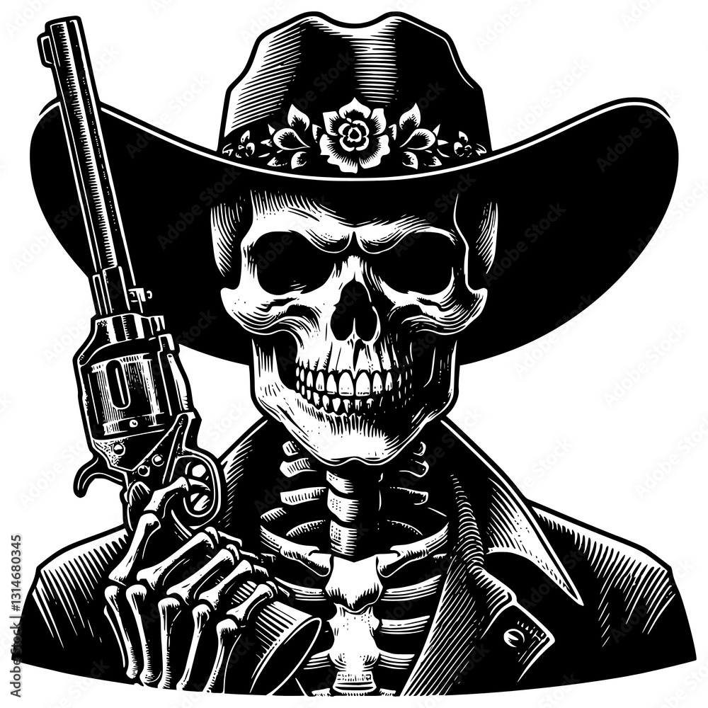 Squeleton Portrait Western Skeleton Portrait: A striking black and white illustration ...