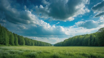 panoramic view of a meadow and green forest under a blue cloudy sky. idyllic landscape on a sunny da