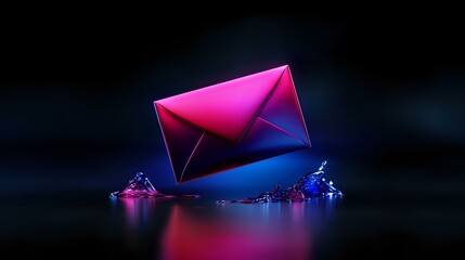 Poster - Glowing neon envelope icon floating on reflective dark surface with pink and blue gradient lighting effects, digital communication concept for email marketing.