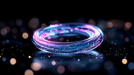 Poster - Glowing magical ring with blue and pink neon light trails against dark background with bokeh effects, mystical fantasy jewelry concept for design projects.