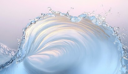 Poster - Dynamic ocean wave with splashing water droplets and smooth curved surface against soft pink sky, creating powerful natural movement and energy in marine environment.