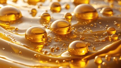 Poster - Gold oil bubbles in close-up. Circles of orange liquid macro. Abstract shiny backdrop.