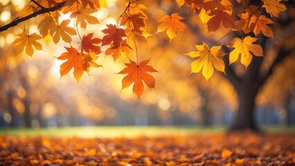 Poster - Beautiful autumn leaves in orange and yellow against a blurred background featuring lovely bokeh. Natural background of autumn.