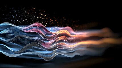 Poster - Abstract flowing waves in blue and pink colors with glowing particles and light effects against black background create dynamic motion and energy pattern.
