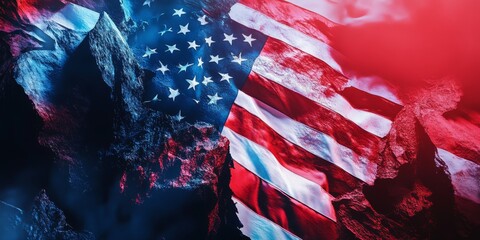 Poster - A captivating and dynamic depiction of the American flag. The bold colors of red, white, and blue create a striking visual. This image symbolizes freedom and national pride. AI