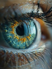 Poster - Extreme macro photography of human eye with turquoise iris and golden ring around pupil, showing intricate details of eyelashes and eye surface texture.