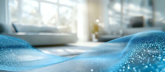 Poster - Soft waves of blue glittering fabric create dynamic flowing curves against blurred bright interior background, adding luxurious textile movement and sparkle effect.