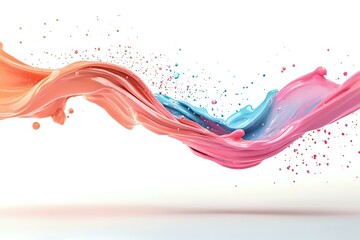 Poster - Flowing abstract liquid waves in coral, pink and blue colors with splashing droplets create dynamic motion effect on white background.
