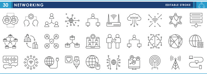 Leinwandbilder - A set of line icons related to Networking. Network, business, job, computer, people, connection, internet, webpage, and so on. Vector editable stroke.
